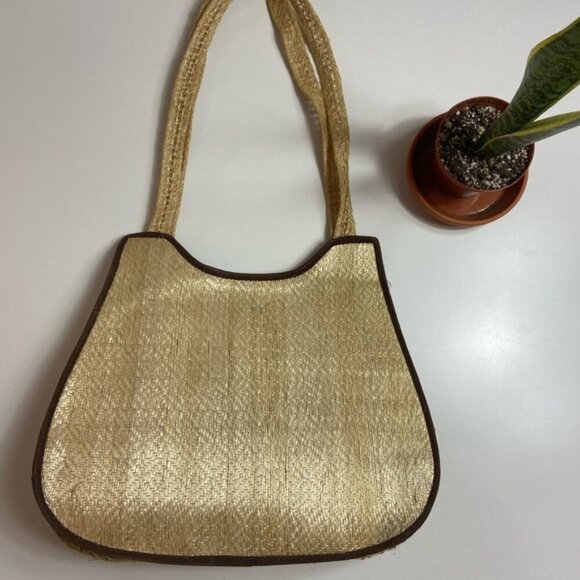 60s-70s Vintage Boho Straw Woven Handbag 3DFloral Embroidery Raffia Shoulder bag - Picture 5 of 16